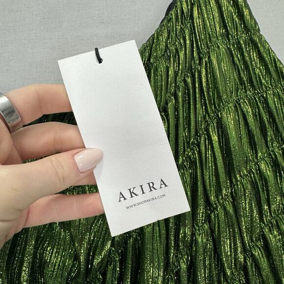 Akira Stay Radiant Metallic Maxi Womens 2X Green One Shoulder Pleated Gown Prom - Picture 3 of 14